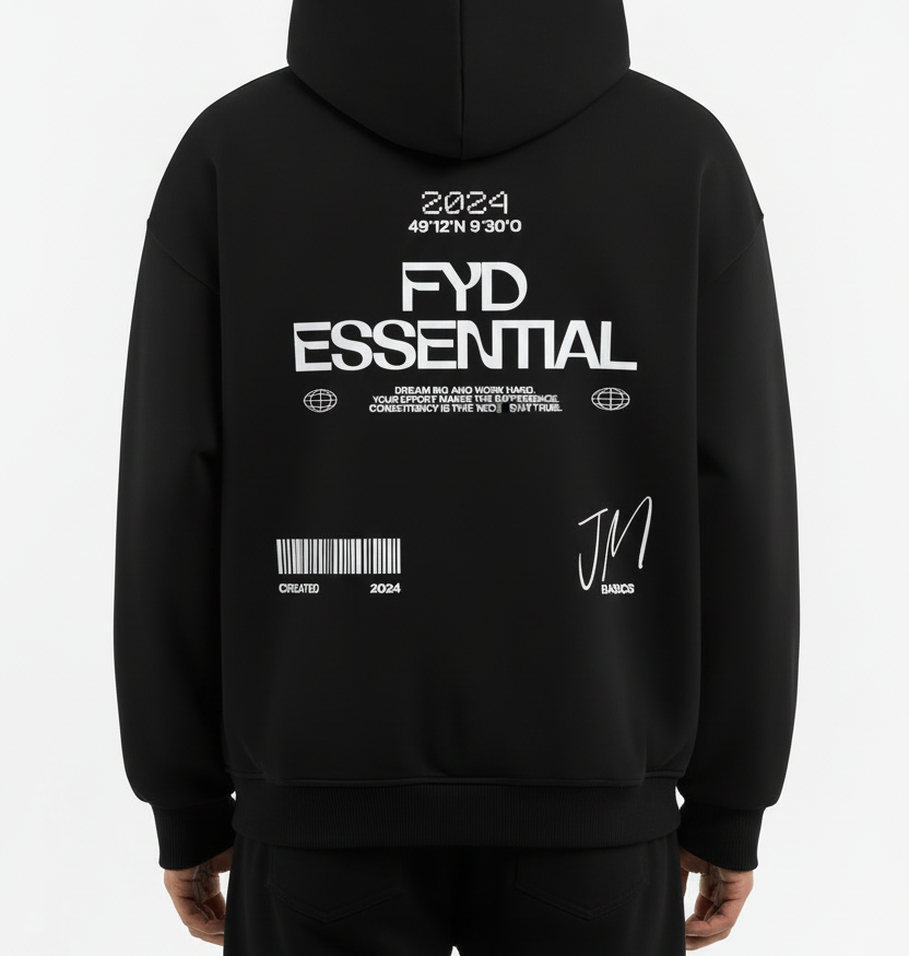 Person mit FYD ESSENTIAL Zip-Hoodie Rückansicht